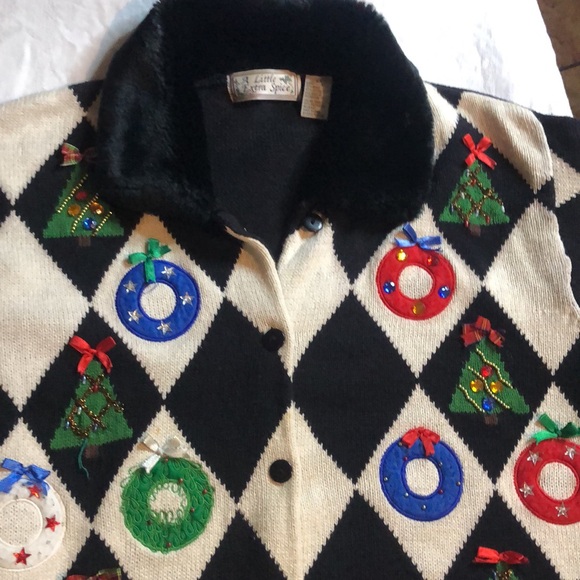 Woman’s abstract fall artsy  festive fur collar Christmas sweater cardigan - Picture 2 of 12